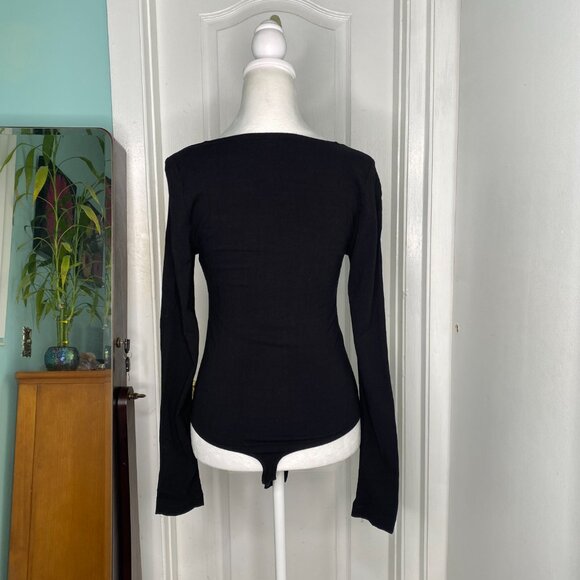 Free People Intimately Black Square Neck V Notch Stretch Bodysuit, S #338 - Picture 3 of 10